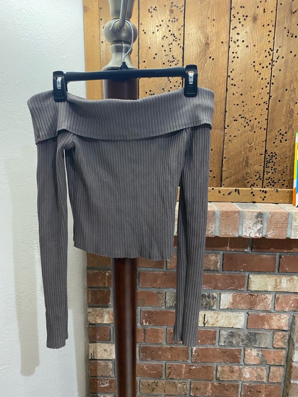 Wild Fable Ribbed Off-Shoulder Crop Top in Taupe